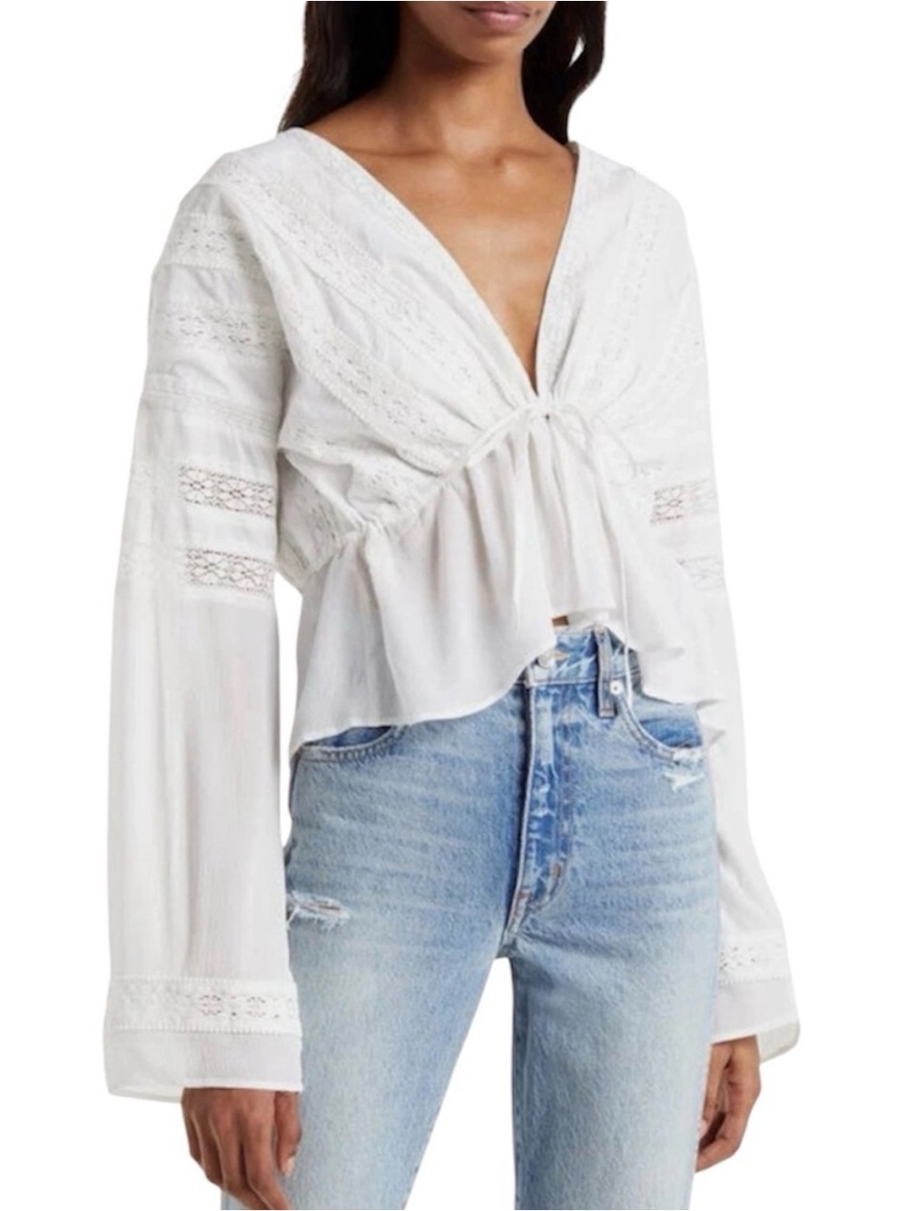 Allsaints Chlo Broderie Crop Long Sleeve Cotton Blouse Lace-Trim Peasant White